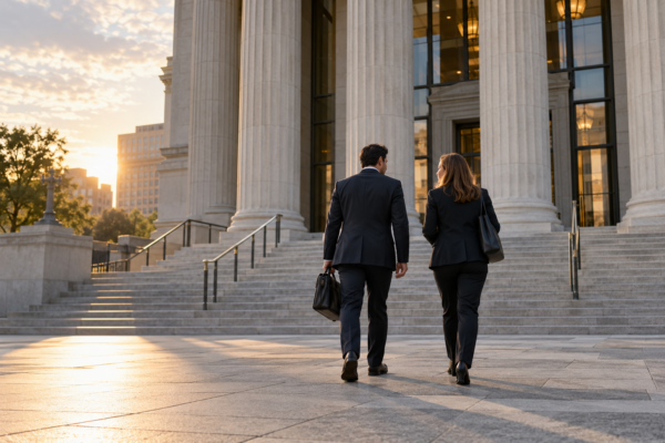 Defense attorney and client approaching a federal courthouse for a detention hearing