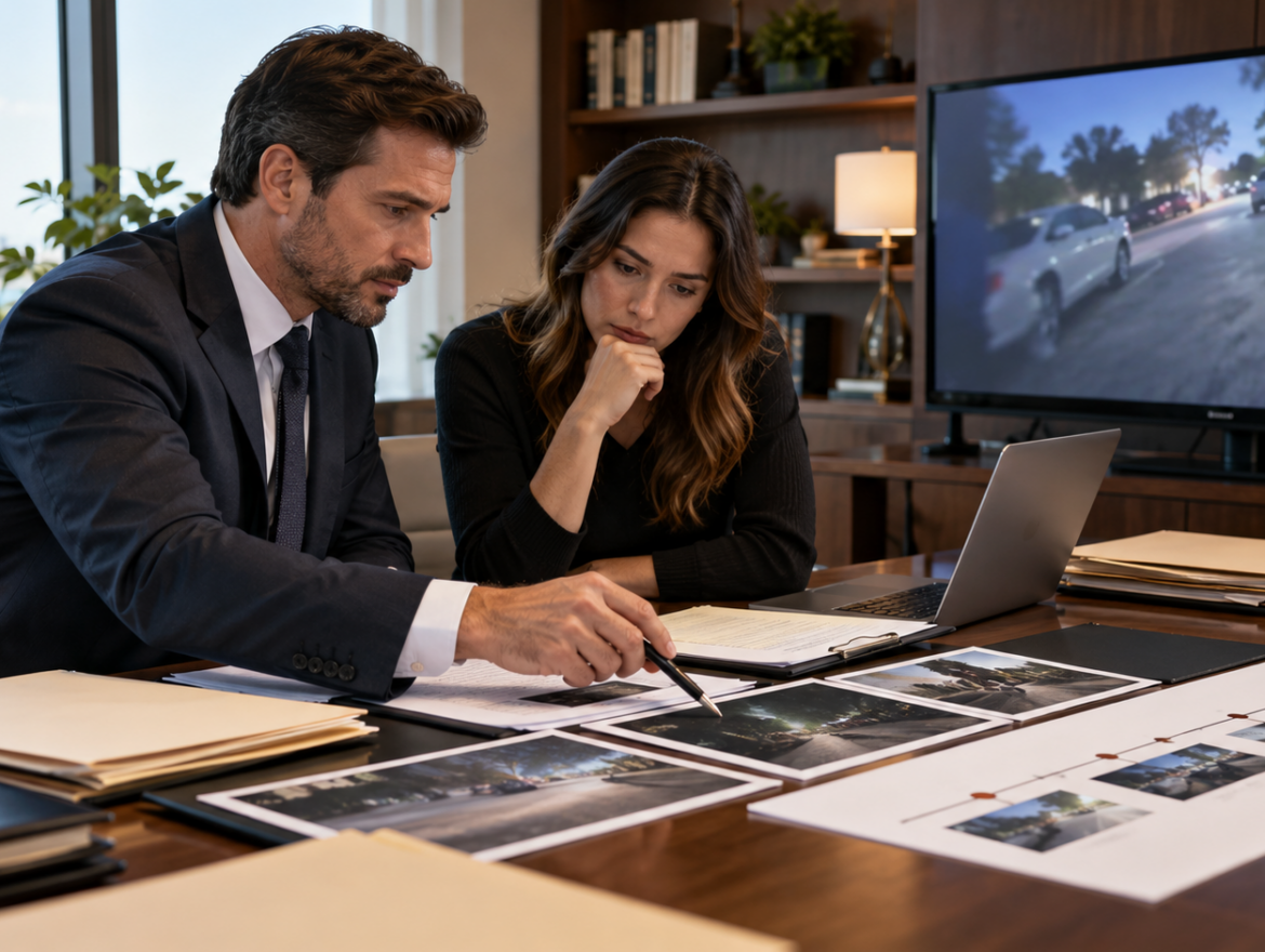 Defense attorney and client comparing police reports, street photographs, and body-camera video