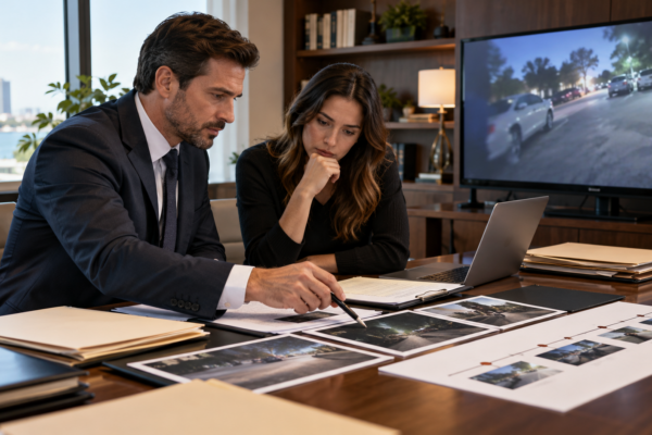 Defense attorney and client comparing police reports, street photographs, and body-camera video