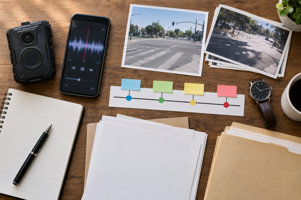 Criminal defense evidence review with a body camera, phone audio, street photographs, and blank timeline markers