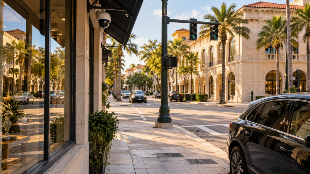 Coral Gables street corner with a storefront security camera and reflective windows