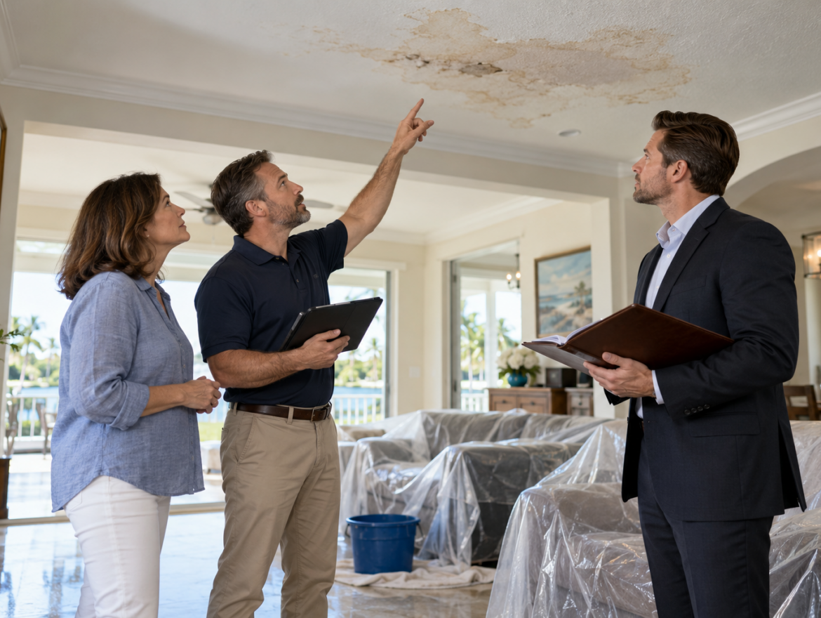 Homeowner, property adjuster, and counsel examining interior water damage