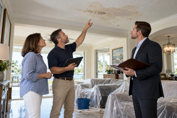 Homeowner, property adjuster, and counsel examining interior water damage