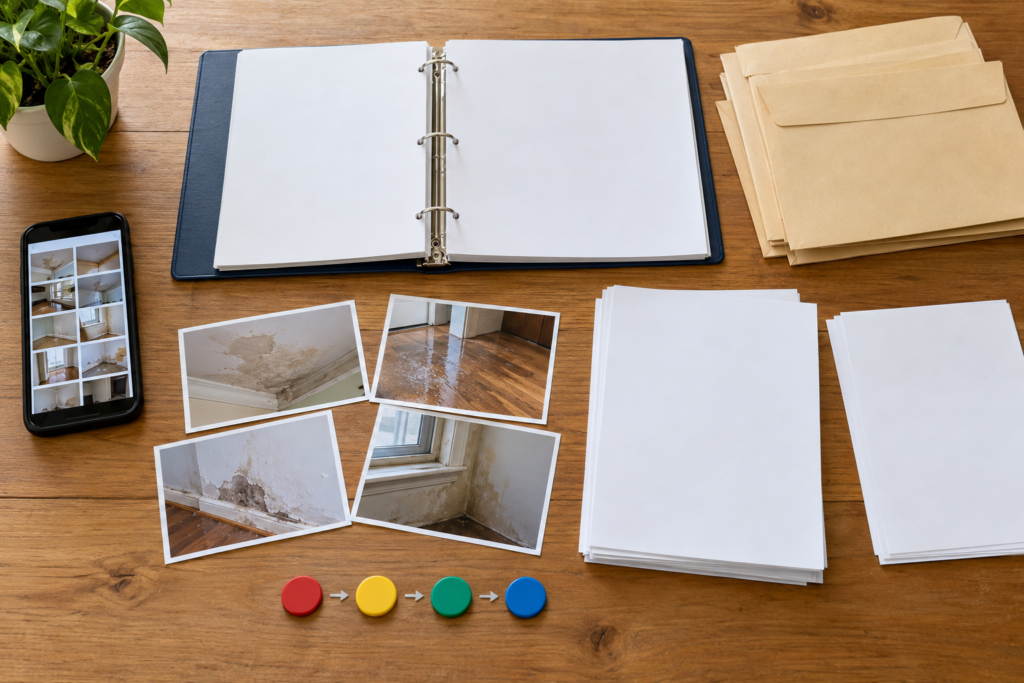 Blank claim binder, unmarked envelopes, and original water-damage photographs organized on a table