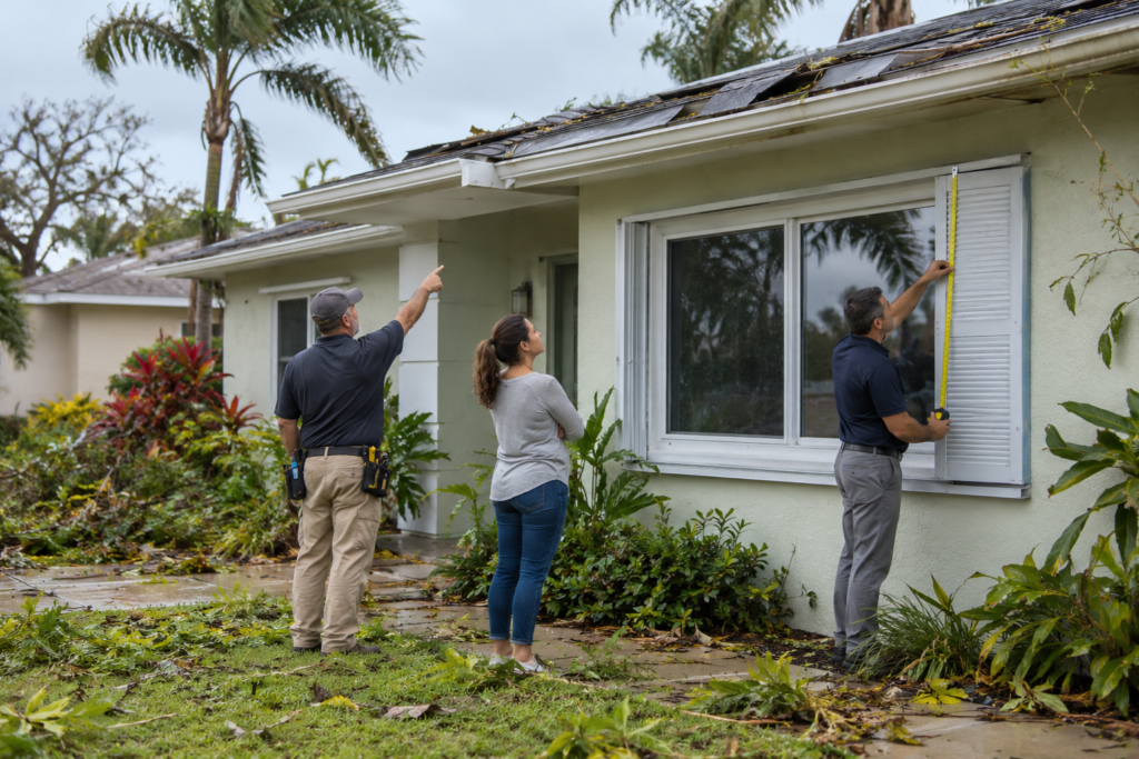 Homeowner and two inspectors documenting roof and window damage after a windstorm