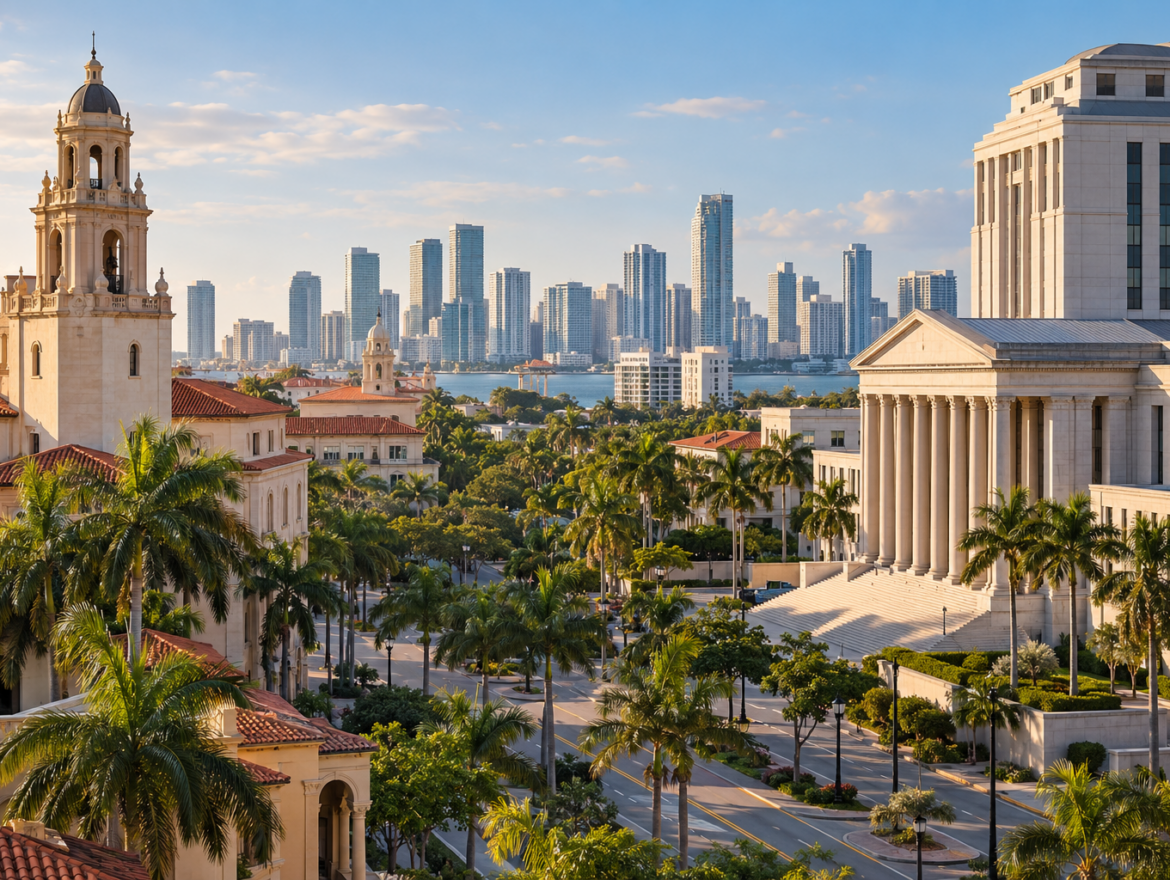 Federal lawyers in Coral Gables reviewing venue near Miami's downtown skyline
