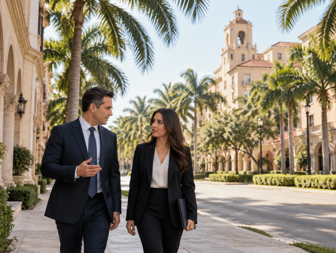 Attorney and client walking along a palm-lined Coral Gables street