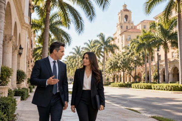 Attorney and client walking along a palm-lined Coral Gables street