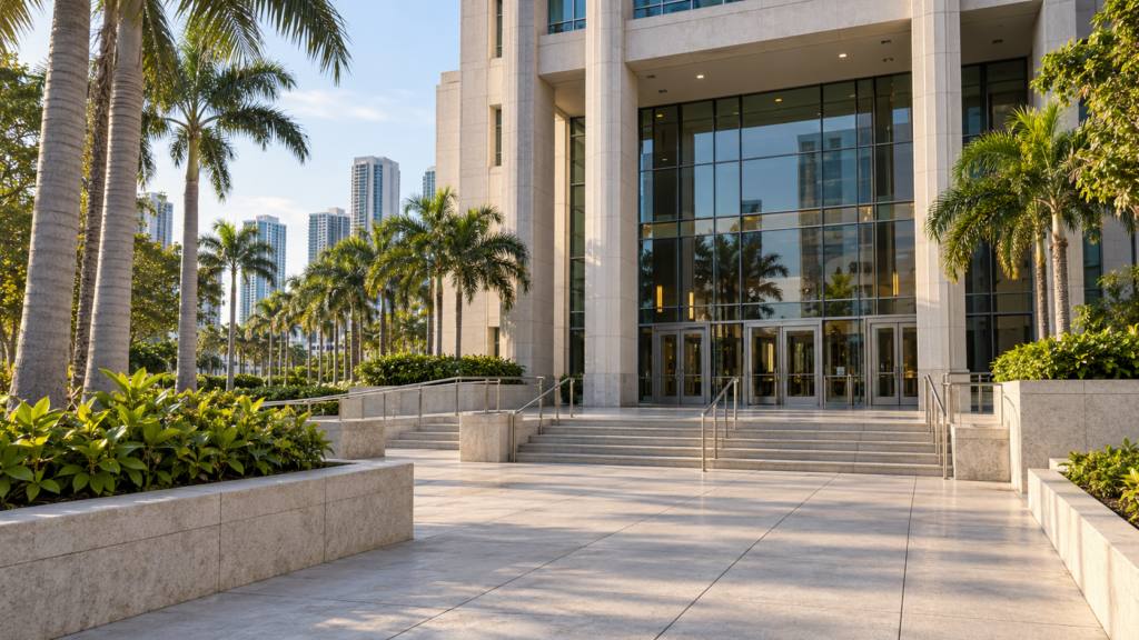 Courthouse entrance and tropical landscaping in Miami-Dade